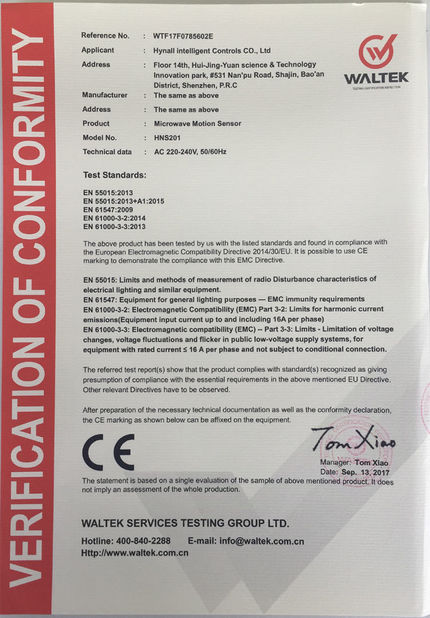 La Chine Hynall Intelligent Control Co. Ltd certifications