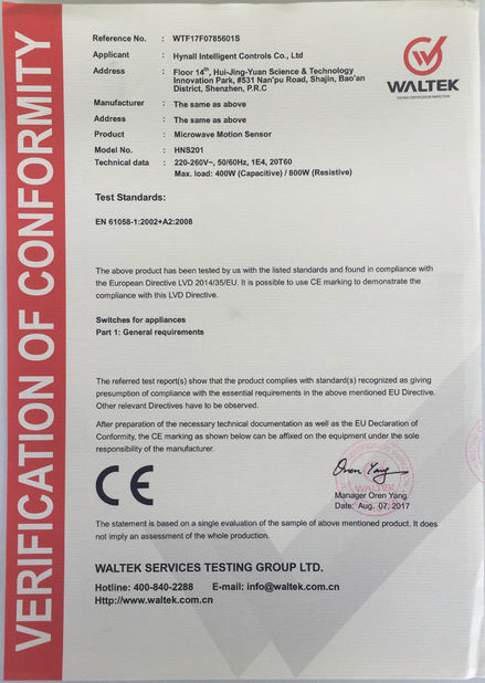 Chine Hynall Intelligent Control Co. Ltd certifications