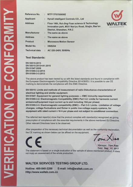 La Chine Hynall Intelligent Control Co. Ltd certifications